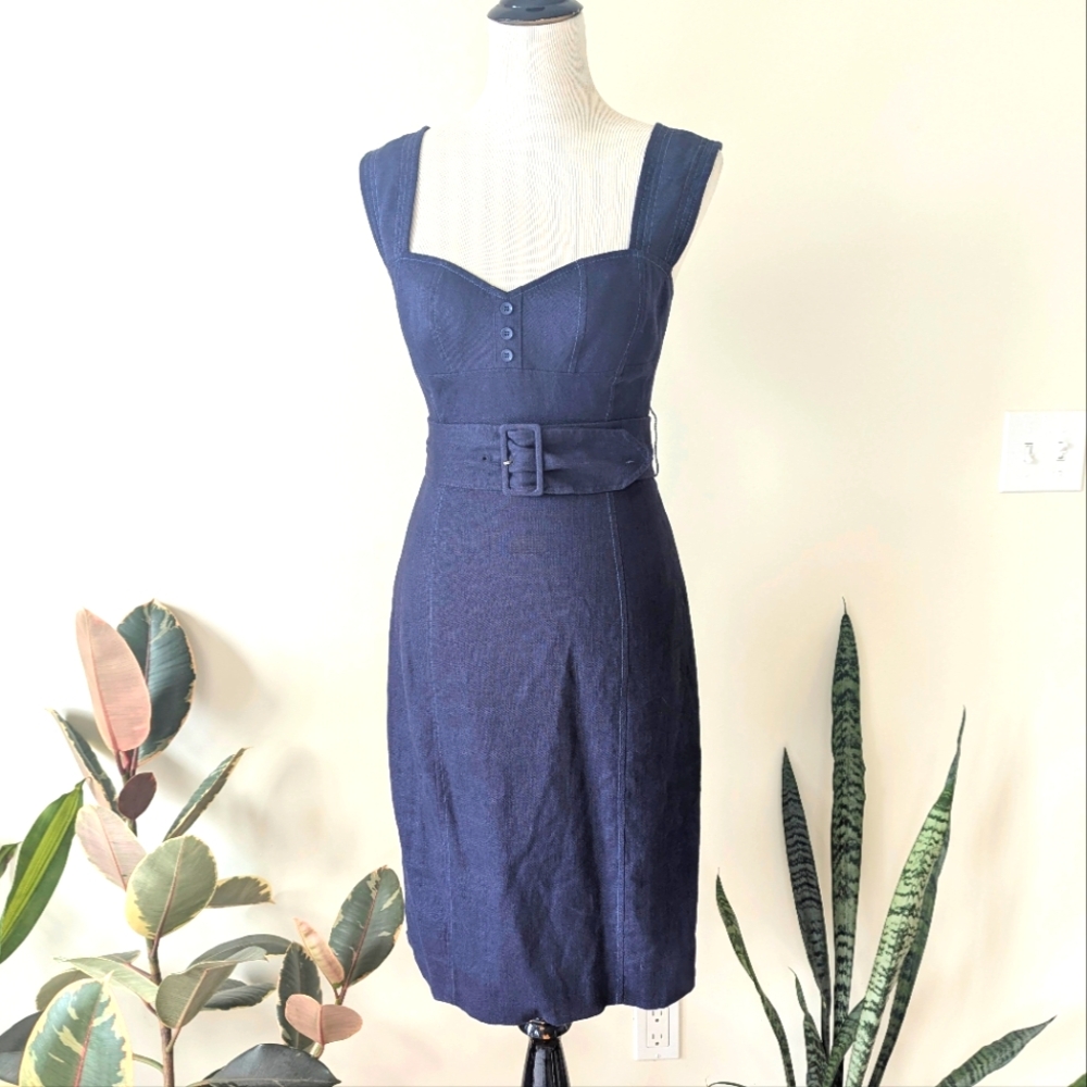 Rebecca Taylor Navy Linen Sweetheart Neckline Tank Dress